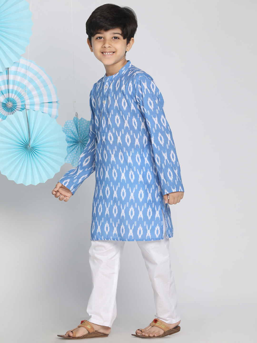 Vastramay Aqua Blue Traditional Ikkat Print Siblings Set