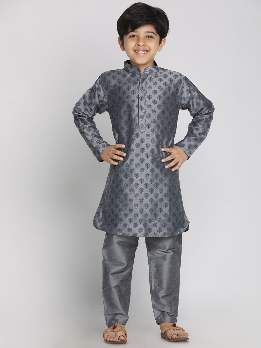 Vastramay Boy's Grey Printed Kurta With Pyjama Set