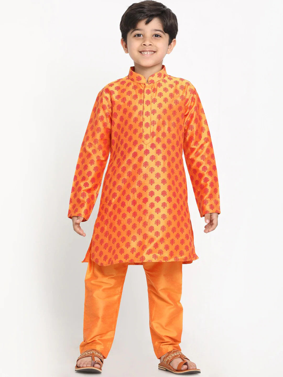 Vastramay Boy's Orange Printed Design Kurta with Churidar