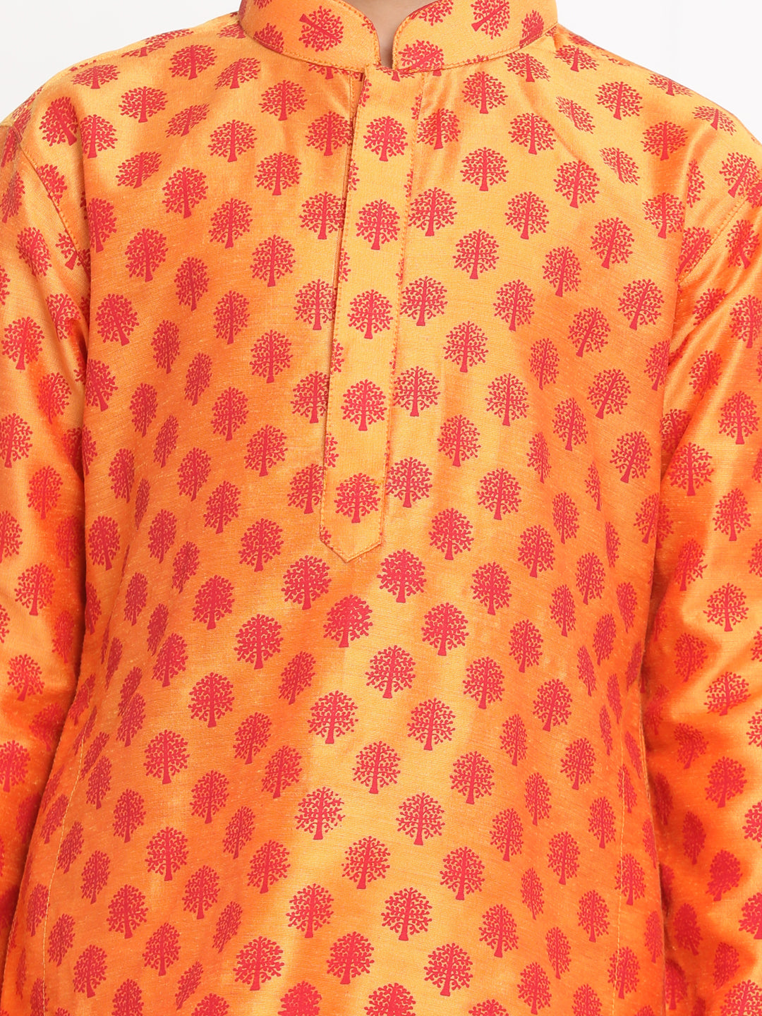 VASTRAMAY Orange Silk Blend Ethnic Print Kurta Pyjama Sibling Set