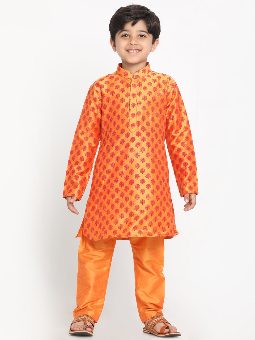 VASTRAMAY Orange Silk Blend Ethnic Print Kurta Pyjama Sibling Set