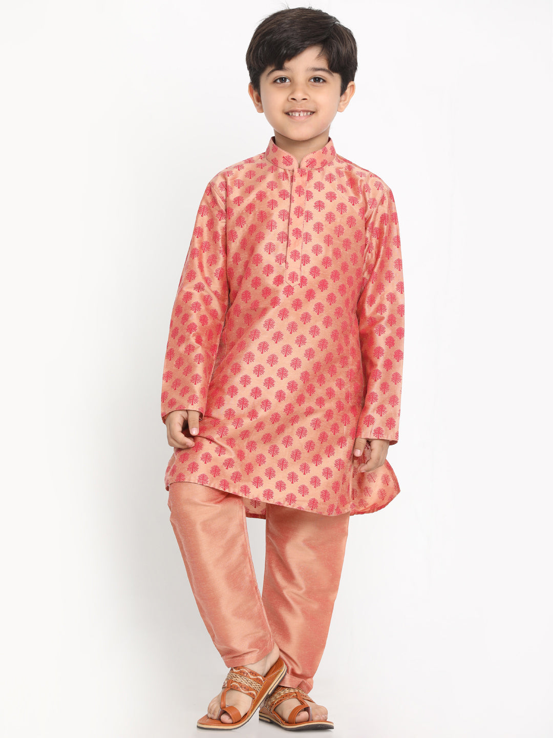 VASTRAMAY Pink Silk Blend Ethnic Print Kurta Pyjama Sibling Set