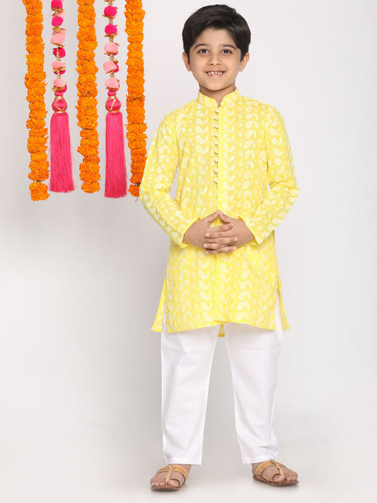 Vastramay Boys Mustard And White Kurta Pyjama Set