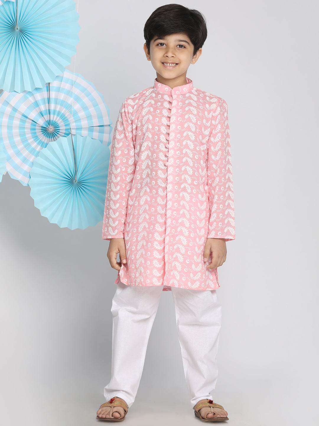 Vastramay Pink Pure Cotton Kurta Chikankari Pyjama Baap Beta Set