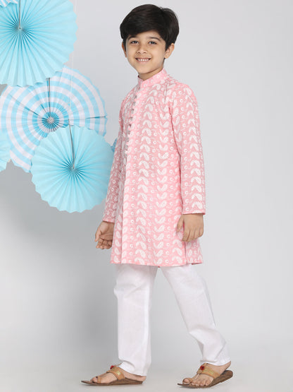 Vastramay Pink Pure Cotton Kurta Chikankari Pyjama Baap Beta Set