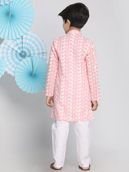 Vastramay Pink Pure Cotton Kurta Chikankari Pyjama Baap Beta Set