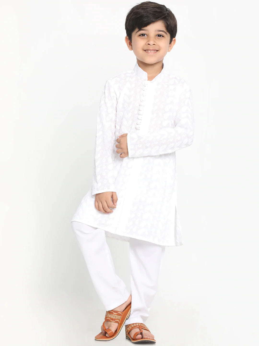 Vastramay Boys White Embroidered Kurta with Pyjama Set