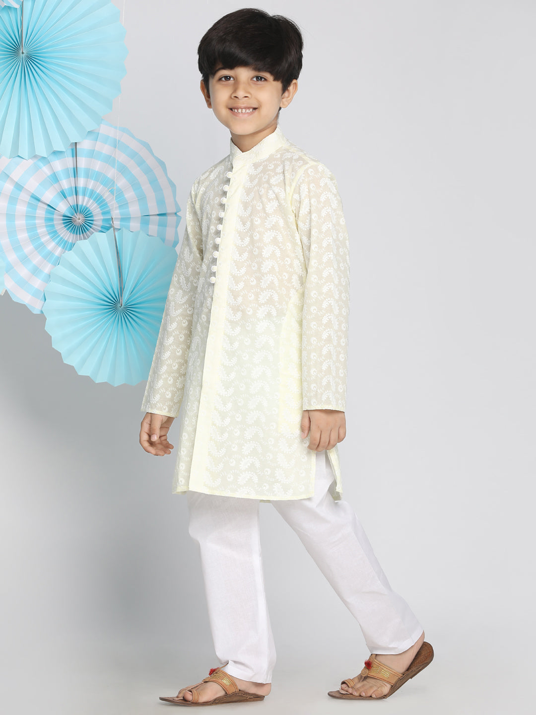 Vastramay Yellow Pure Cotton Chikankari Kurta Pyjama Set