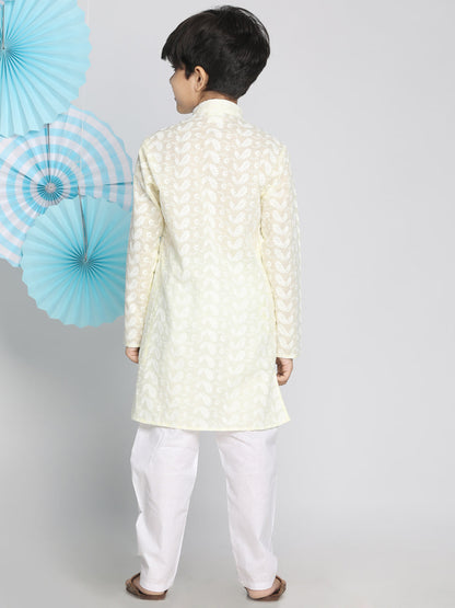 Vastramay Yellow Pure Cotton Chikankari Kurta Pyjama Set