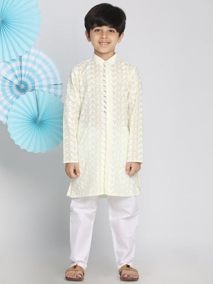 Vastramay Yellow Pure Cotton Chikankari Kurta Pyjama Set