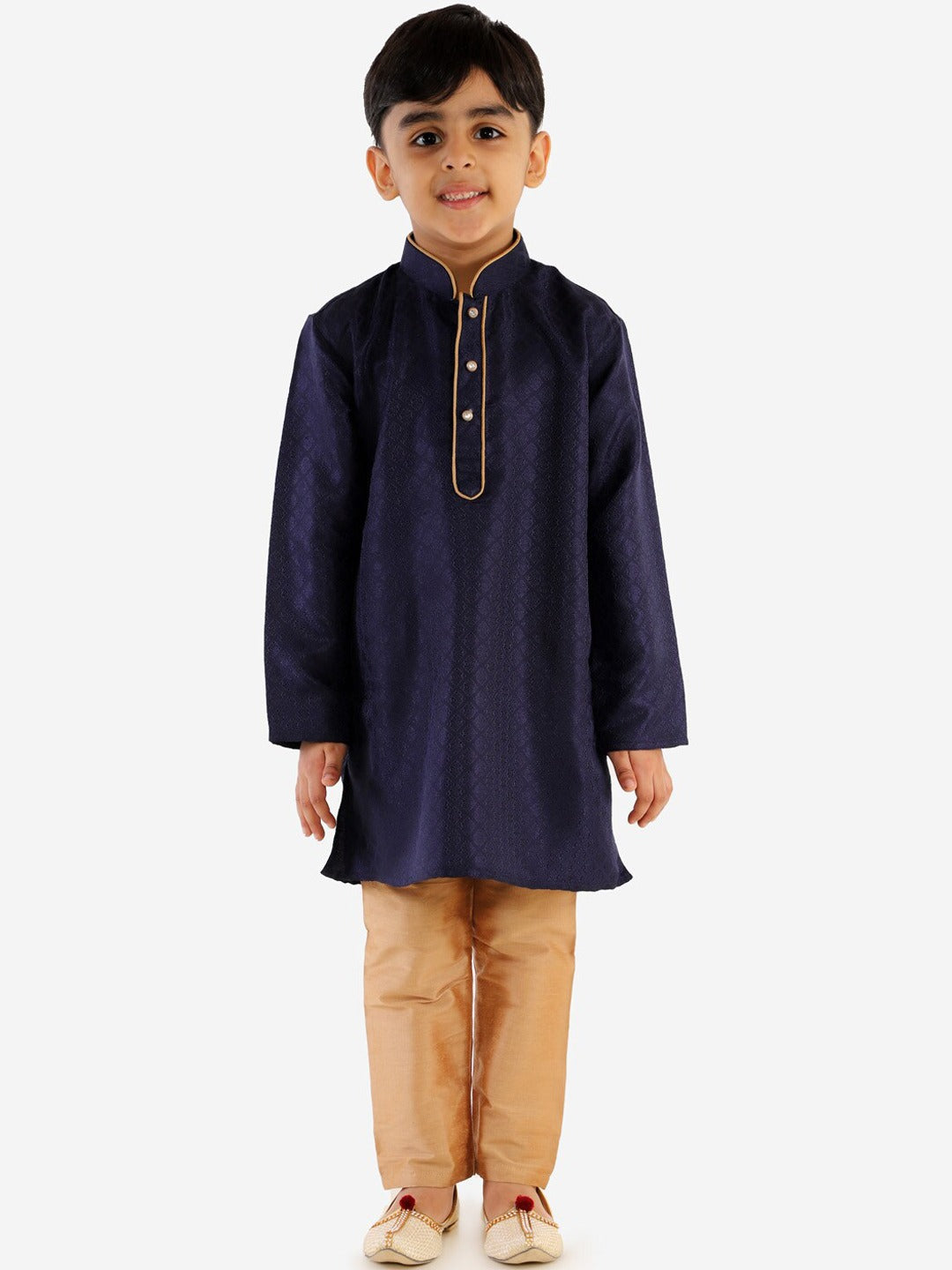 Vastramay Boy's Navy Blue & Gold-Toned Solid Kurta With Pyjama Set