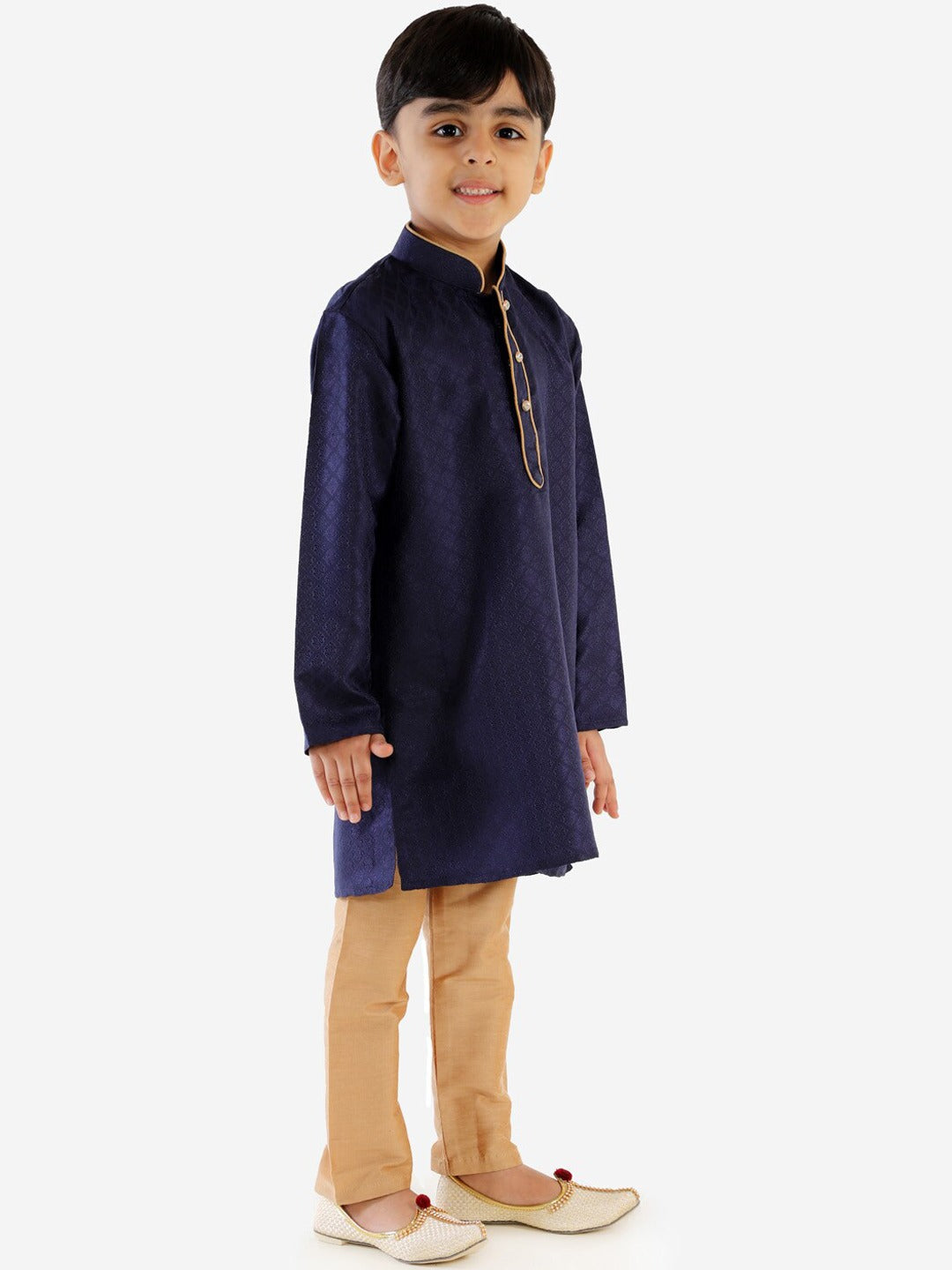 Vastramay Boy's Navy Blue & Gold-Toned Solid Kurta With Pyjama Set