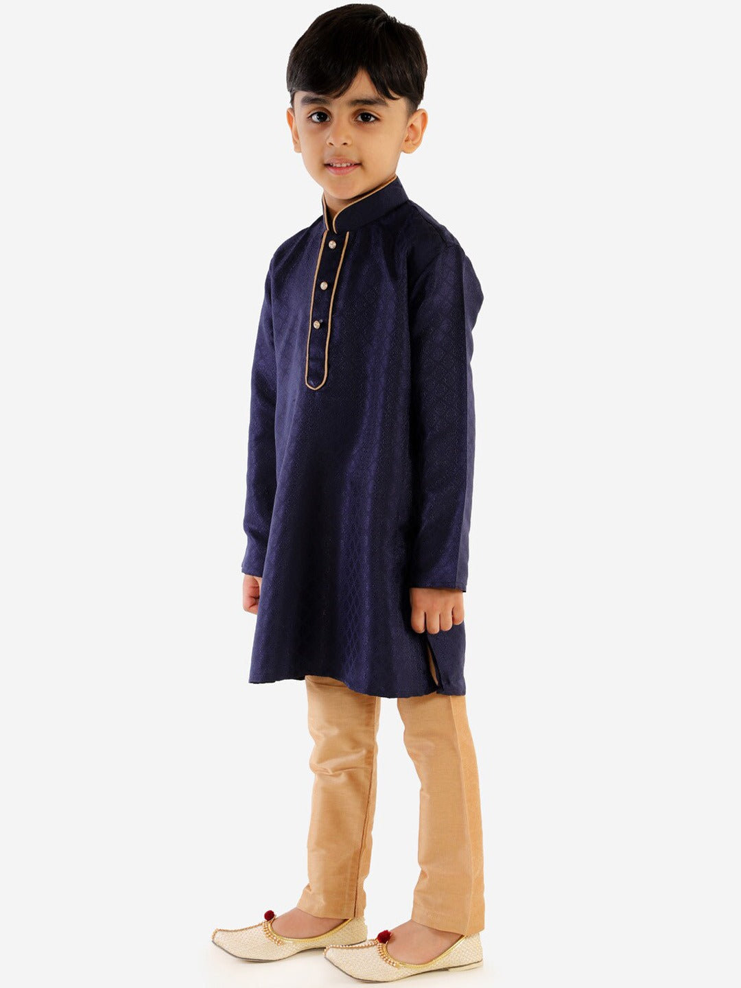 Vastramay Boy's Navy Blue & Gold-Toned Solid Kurta With Pyjama Set