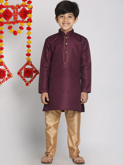 Vastramay Boys Purple & Gold-Toned Regular Straight Jacquard Kurta with Pyjamas