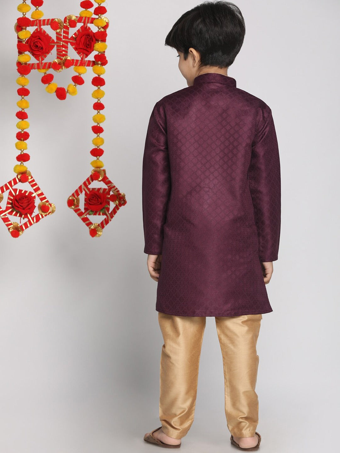 Vastramay Boys Purple & Gold-Toned Regular Straight Jacquard Kurta with Pyjamas