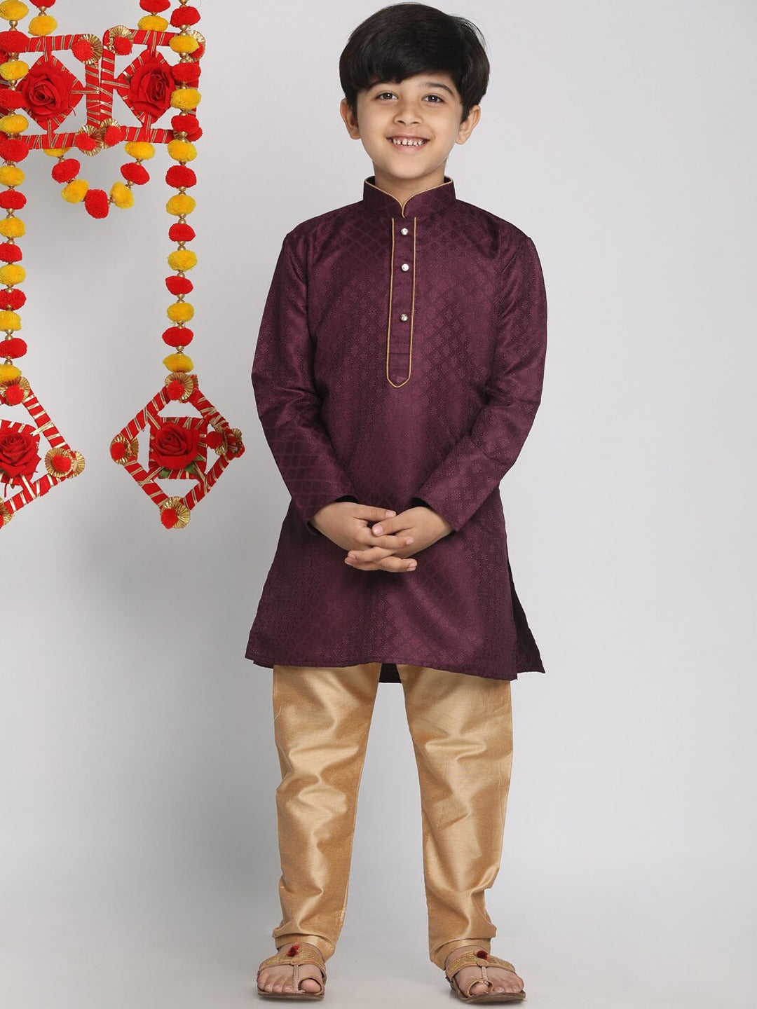 Vastramay Boys Purple & Gold-Toned Regular Straight Jacquard Kurta with Pyjamas