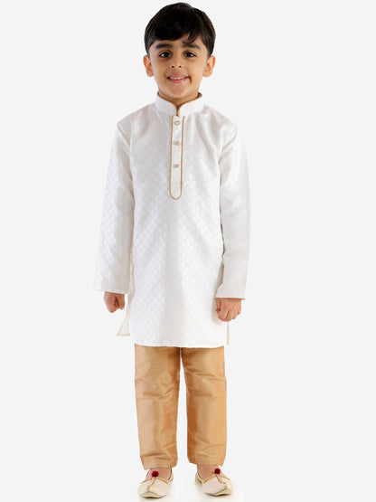 Vastramay Boy's White & Gold-Toned Solid Kurta with Pyjama Set