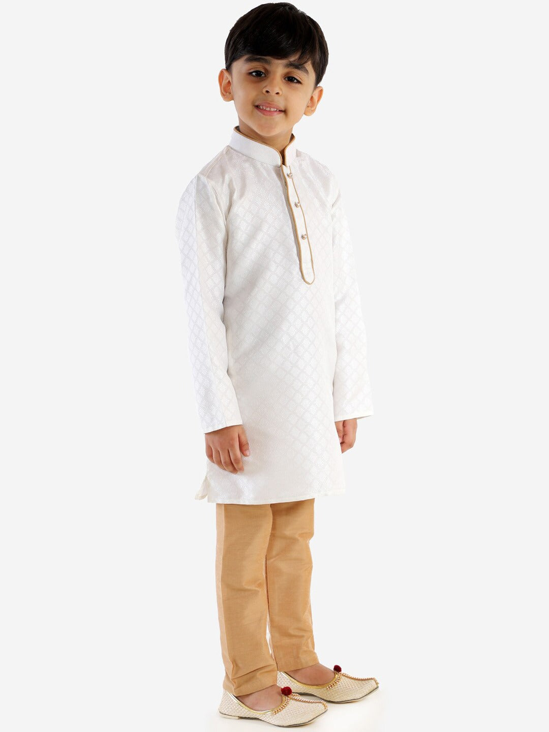 Vastramay Boy's White & Gold-Toned Solid Kurta with Pyjama Set