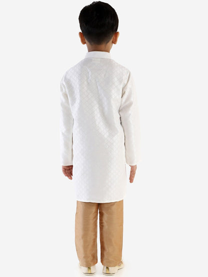 Vastramay Boy's White & Gold-Toned Solid Kurta with Pyjama Set