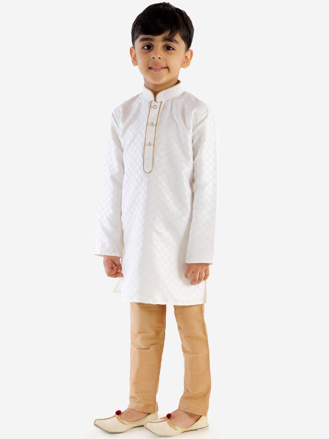 Vastramay Boy's White & Gold-Toned Solid Kurta with Pyjama Set