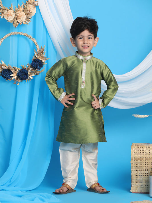 Vastramay boys green cotton silk blend kurta and white pyjama set