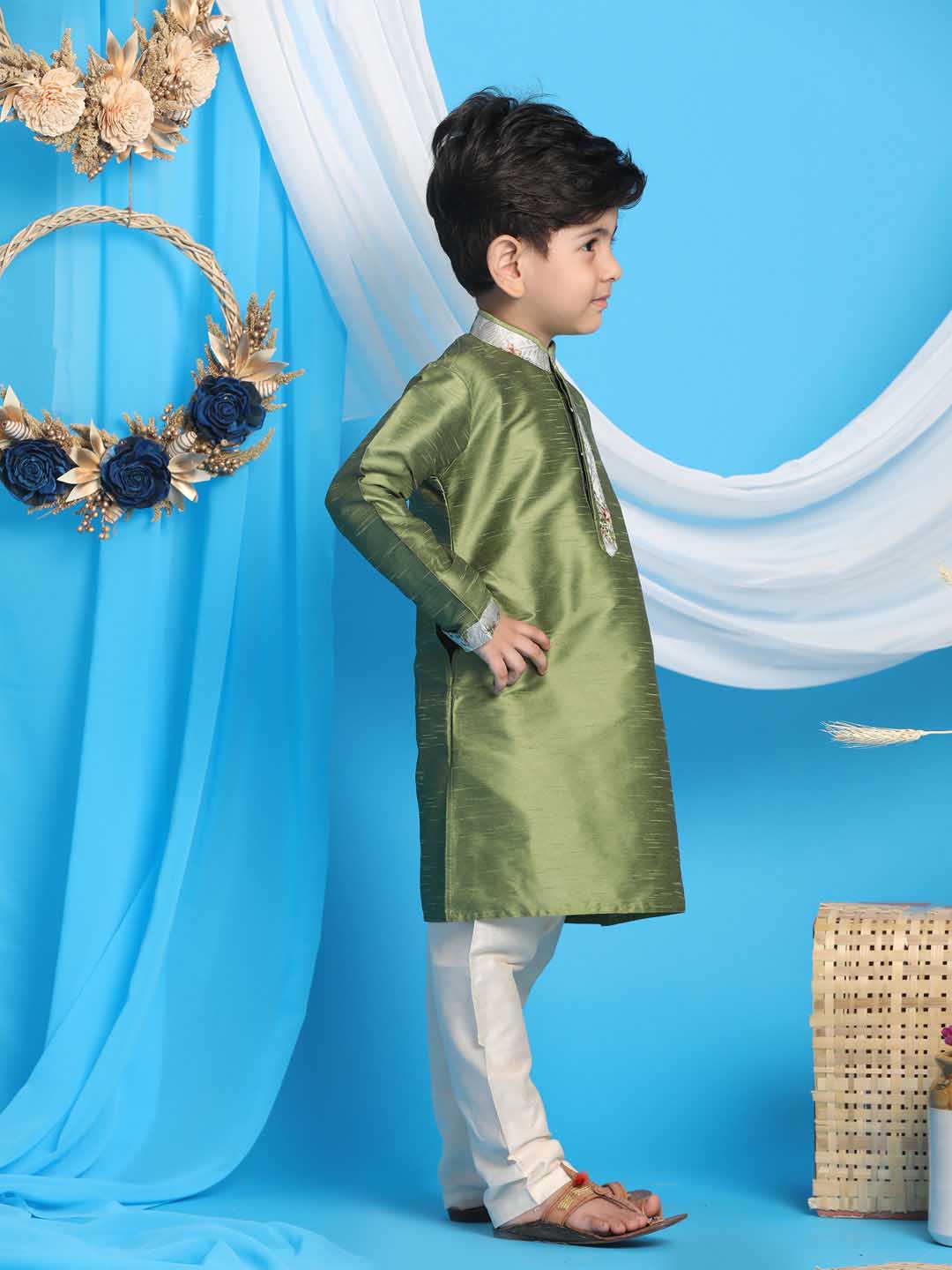 Vastramay boys green cotton silk blend kurta and white pyjama set