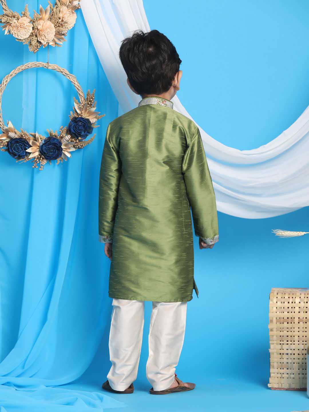 Vastramay boys green cotton silk blend kurta and white pyjama set