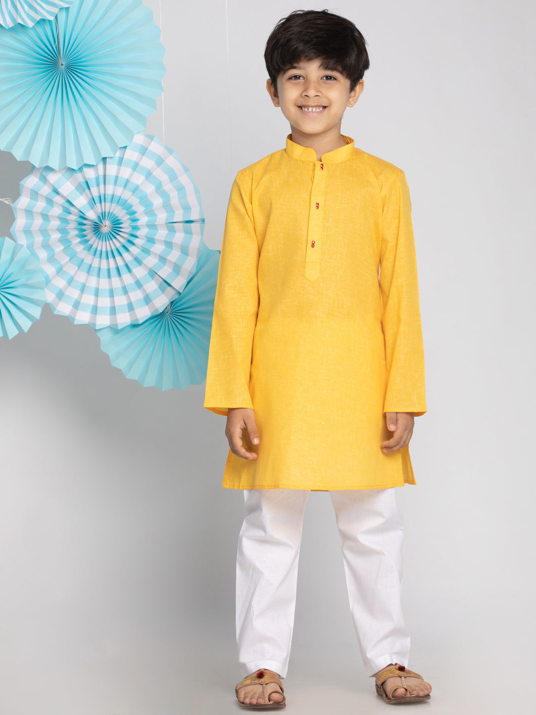 Vastramay Yellow And White Baap Beta Kurta And Pyjama Set