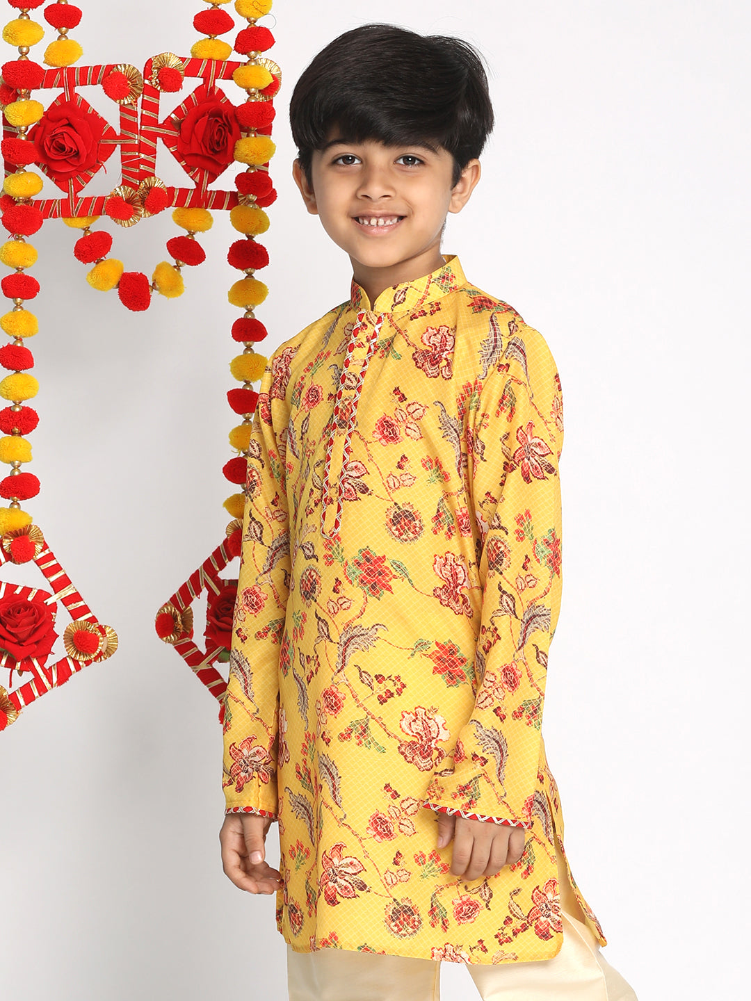 Vastramay boys multicolor base mustard color kurta