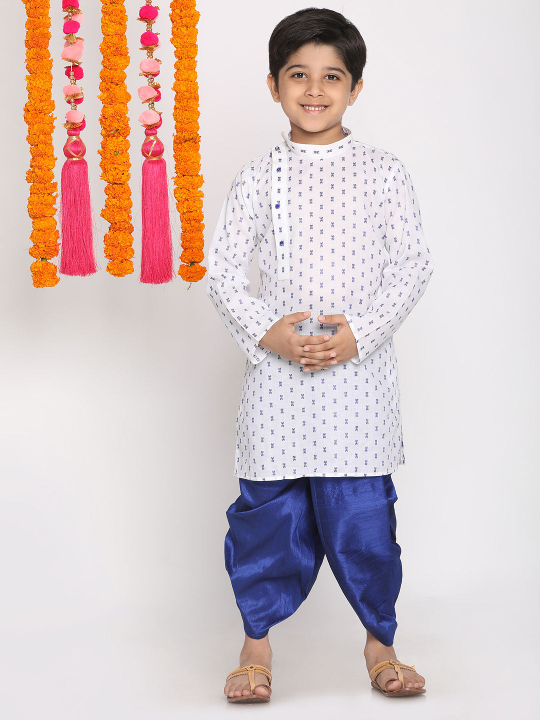 Vastramay  Boys' White And Blue Kurta And Dhoti Set