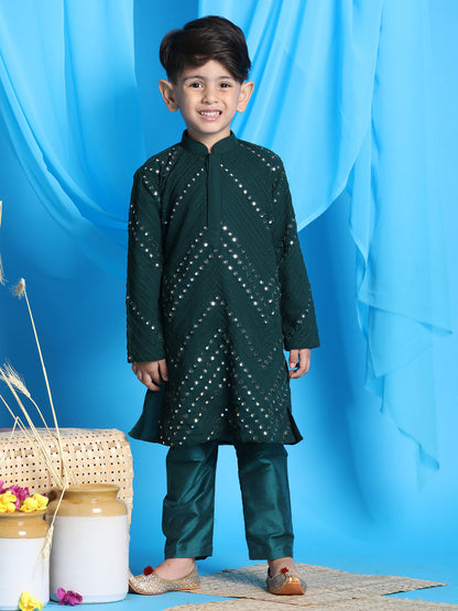 Vastramay boys green color mirror work kurta and pyjama set