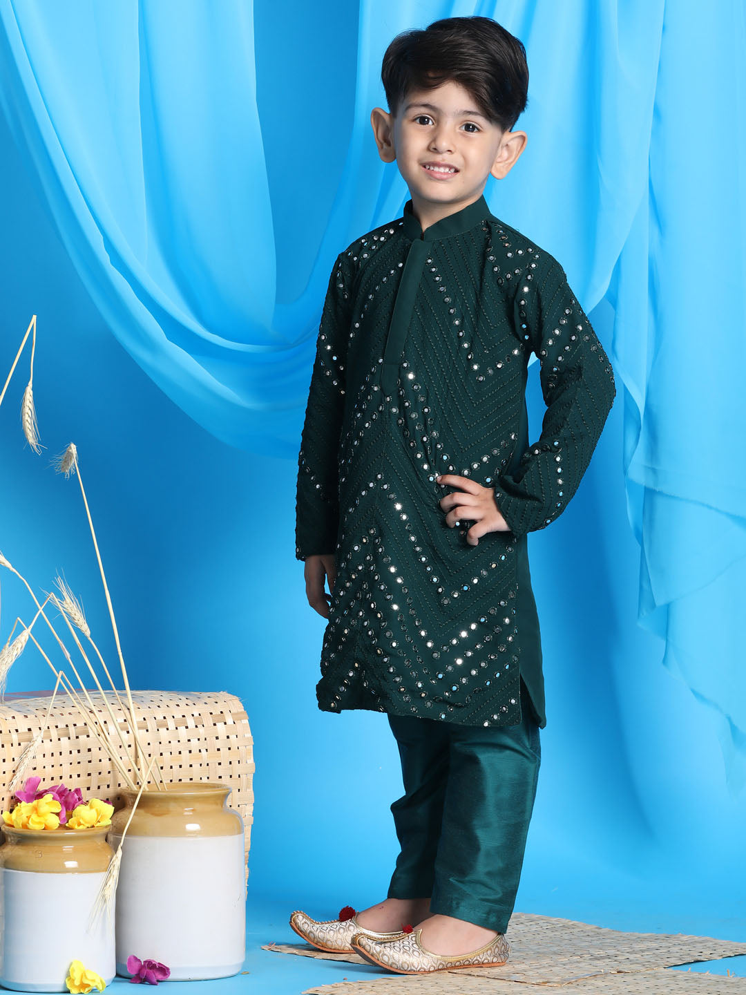 Vastramay boys green color mirror work kurta and pyjama set