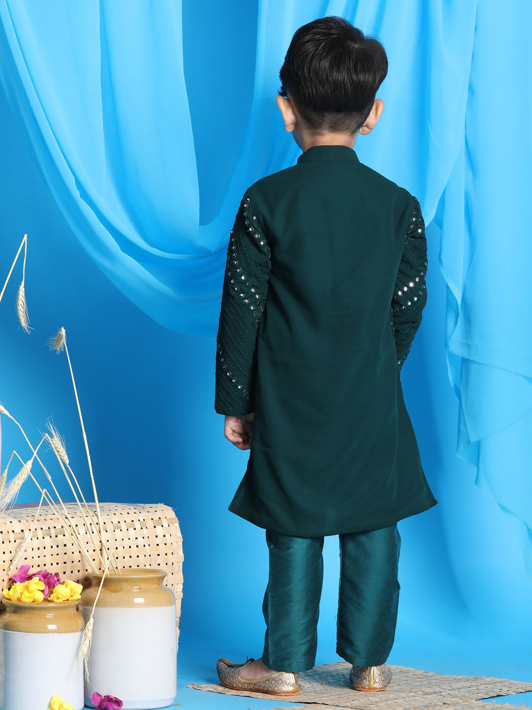 Vastramay boys green color mirror work kurta and pyjama set