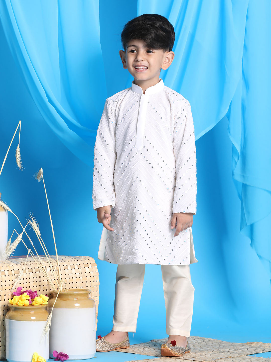 Vastramay boys white mirror work kurta and pyjama set