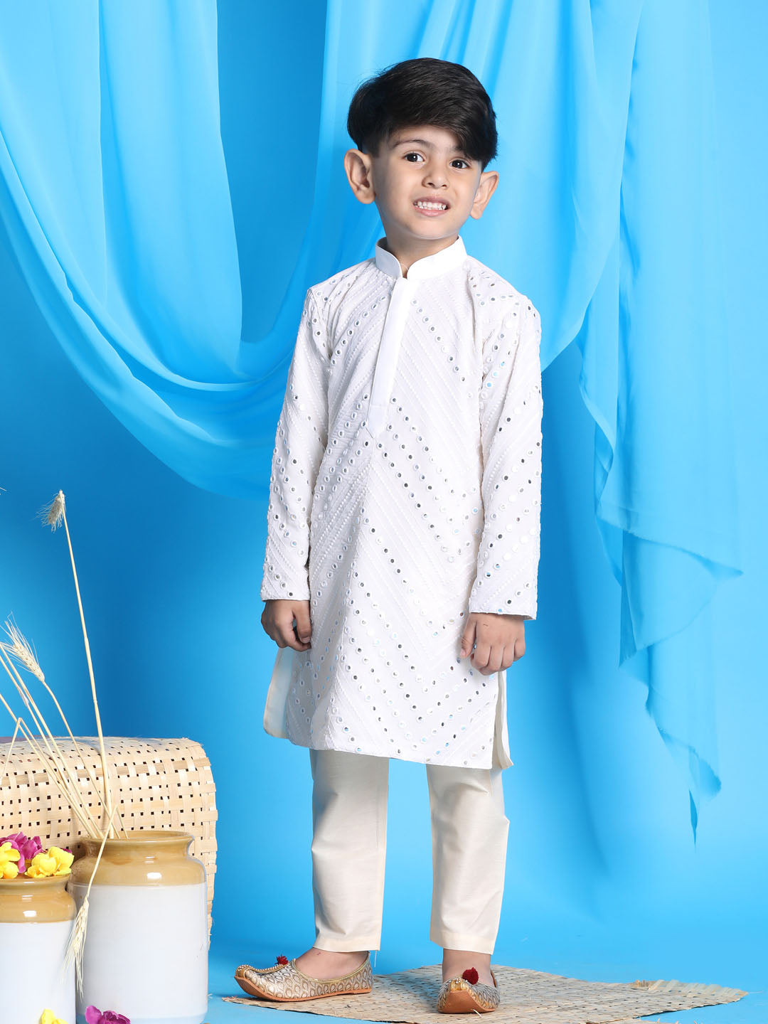 Vastramay boys white mirror work kurta and pyjama set