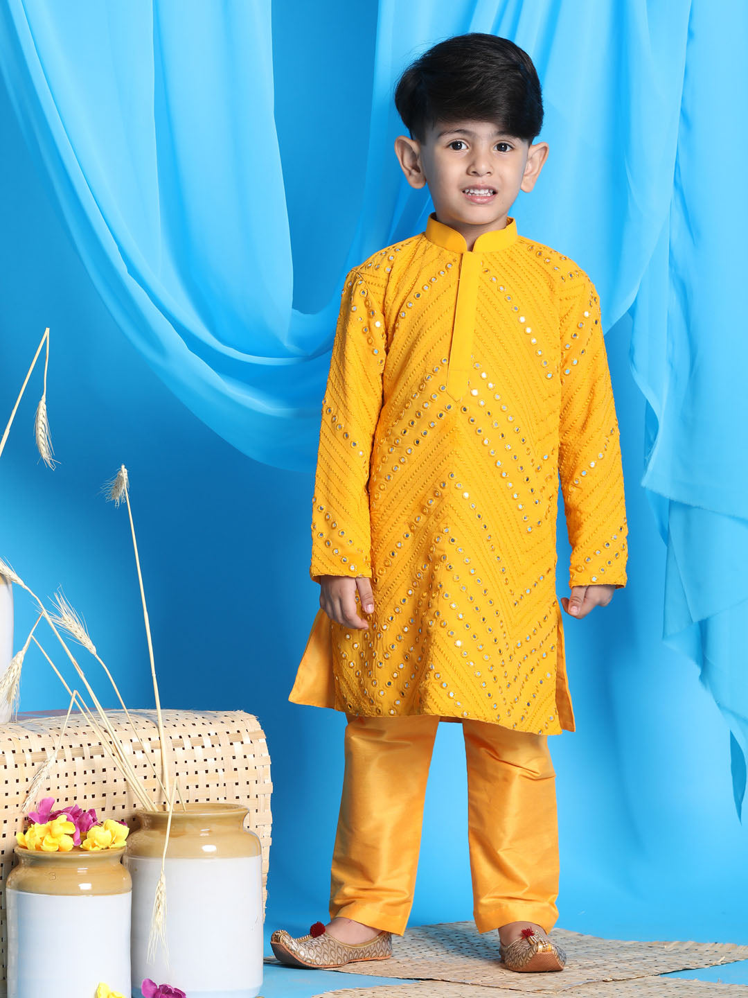 VASTRAMAY Yellow Mirror Kurta Pyjama Siblings Set