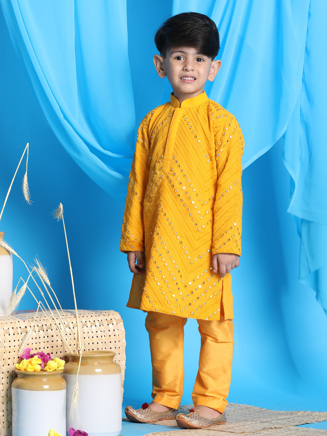 Vastramay boys yellow mirror work kurta and pyjama set