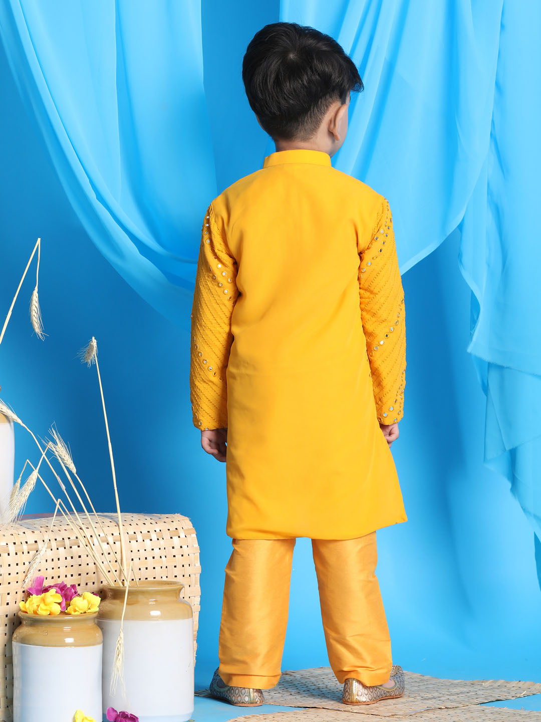 VASTRAMAY Yellow Mirror Kurta Pyjama Siblings Set