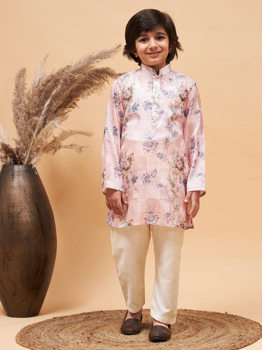 vastramay boys pink floral printed silk blend kurta pyjama set