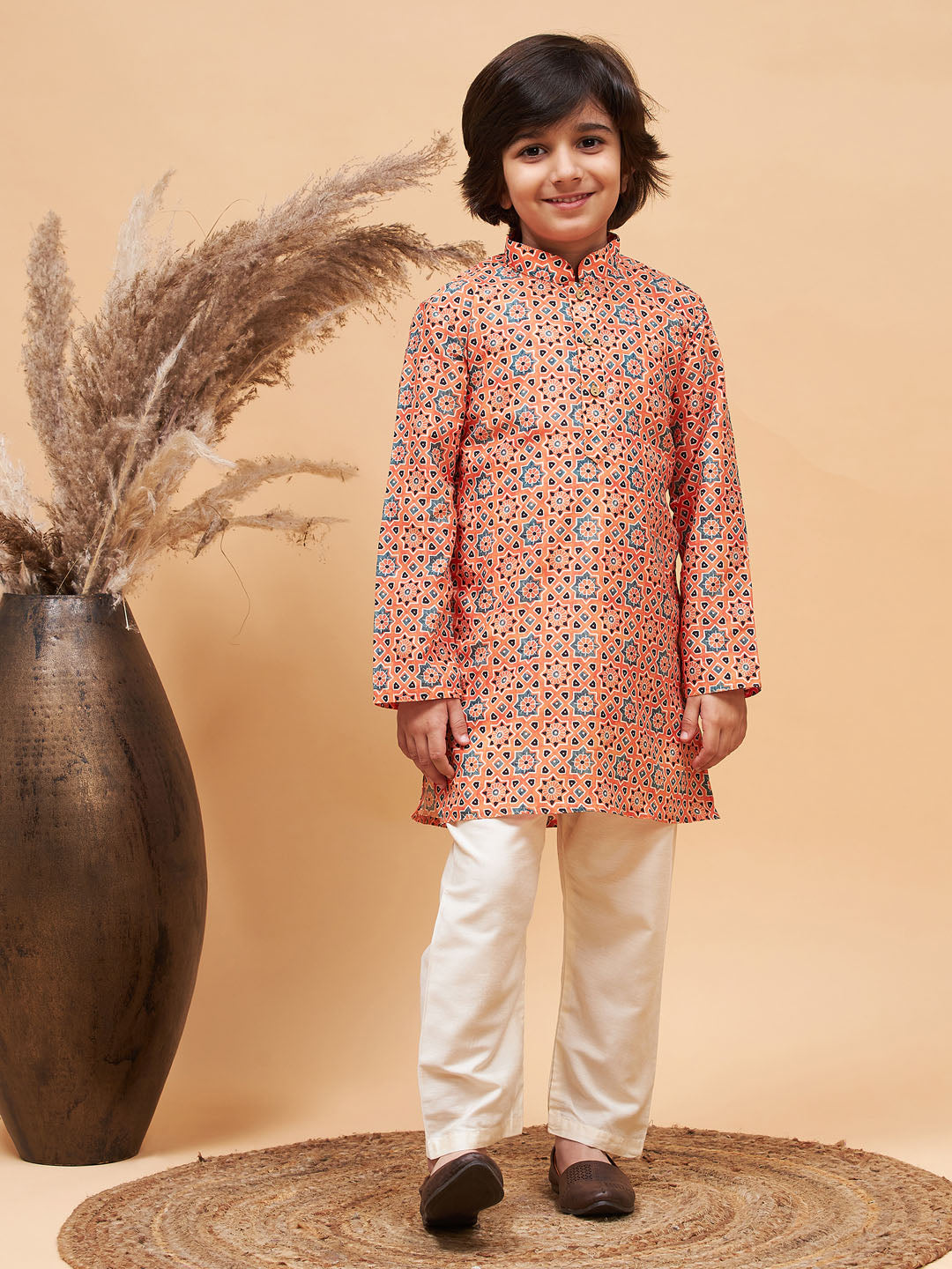 Vastramay boys orange kurta and cream pyjama set