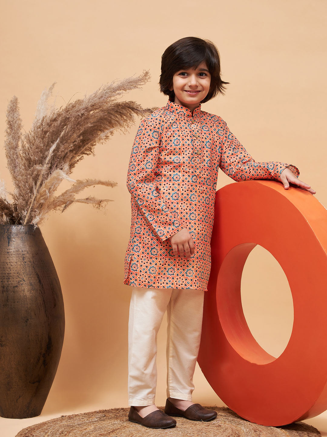 Vastramay boys orange kurta and cream pyjama set