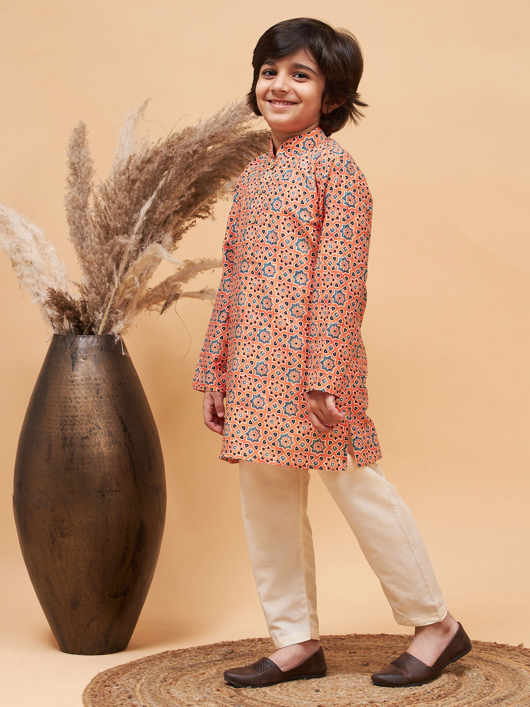 Vastramay boys orange kurta and cream pyjama set