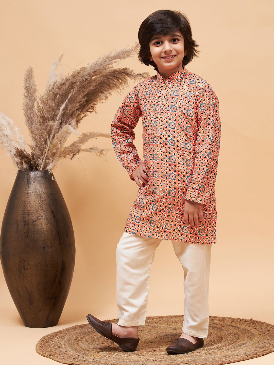 Vastramay boys orange kurta and cream pyjama set