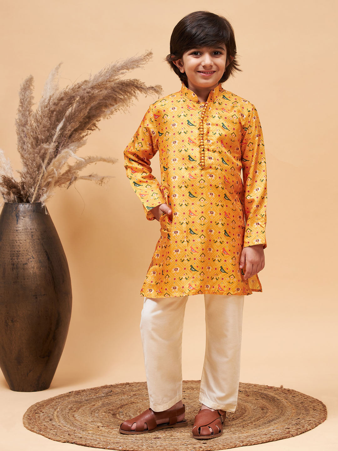 Vastramay boys yellow patola printed kurta and cream pyjama set