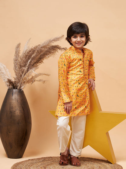 Vastramay boys yellow patola printed kurta and cream pyjama set