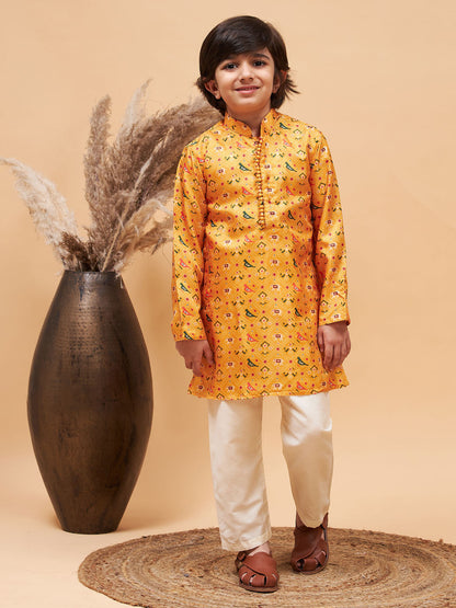 Vastramay boys yellow patola printed kurta and cream pyjama set