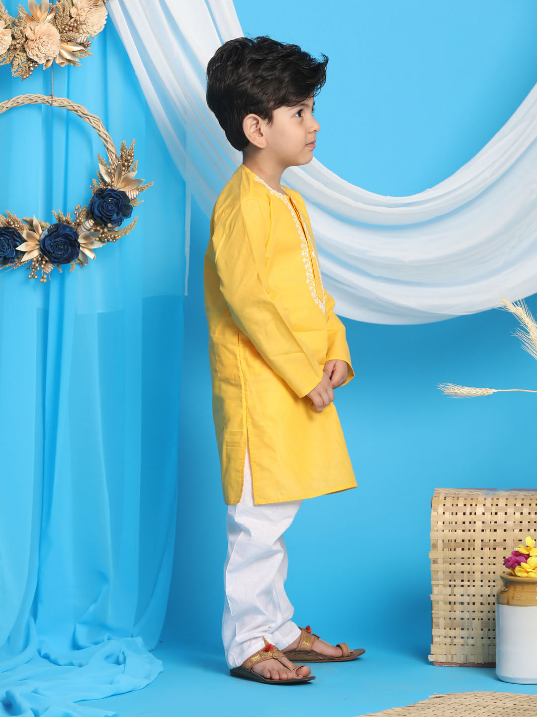 Vastramay boys yellow color kurta and white pyjama set