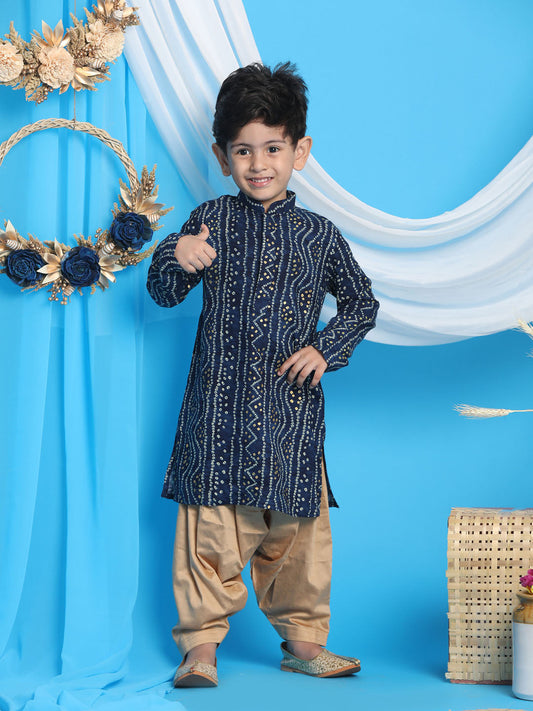 Vastramay boys blue color bandhni print kurta and rose gold patiyala set