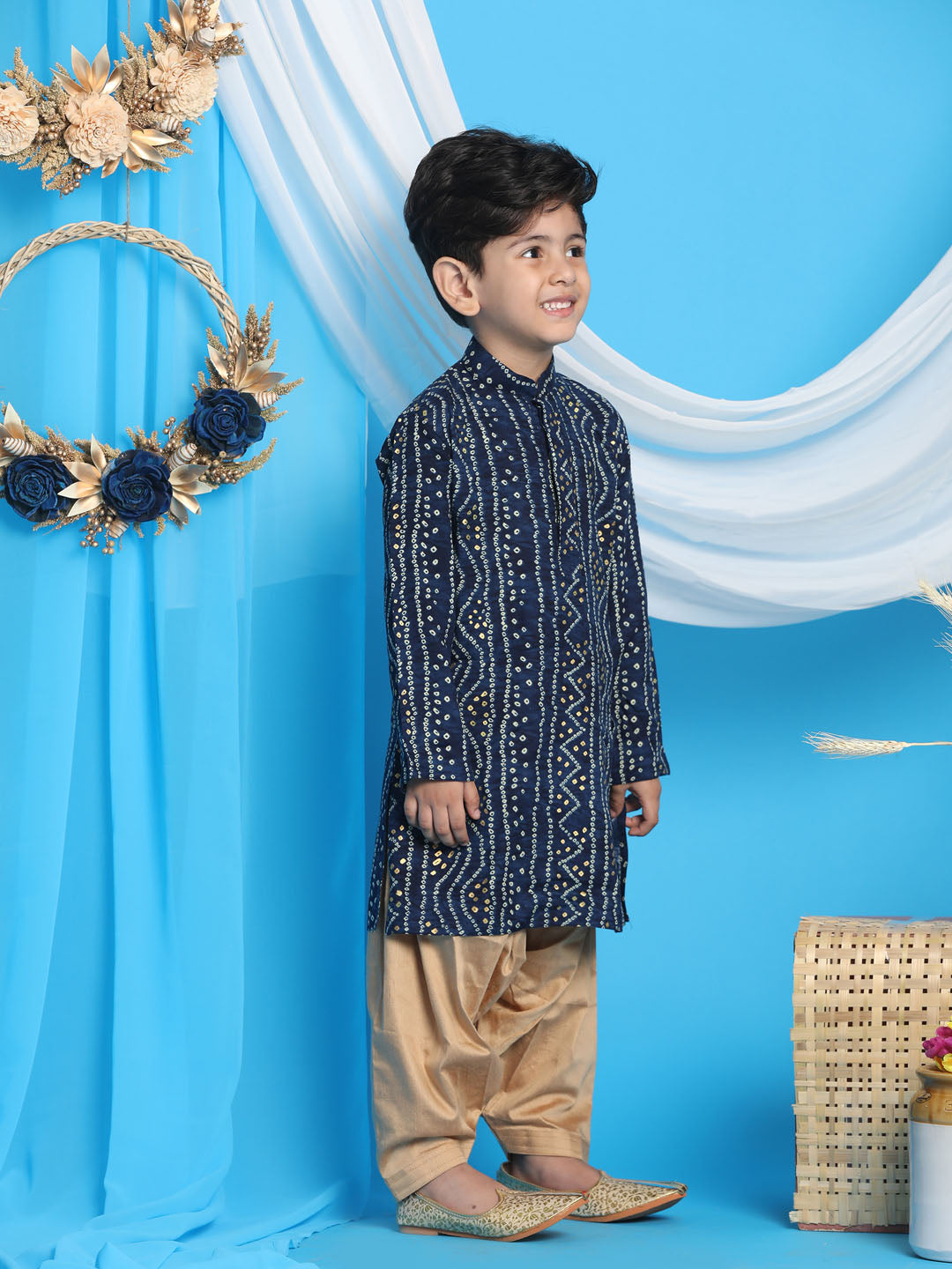 Vastramay boys blue color bandhni print kurta and rose gold patiyala set