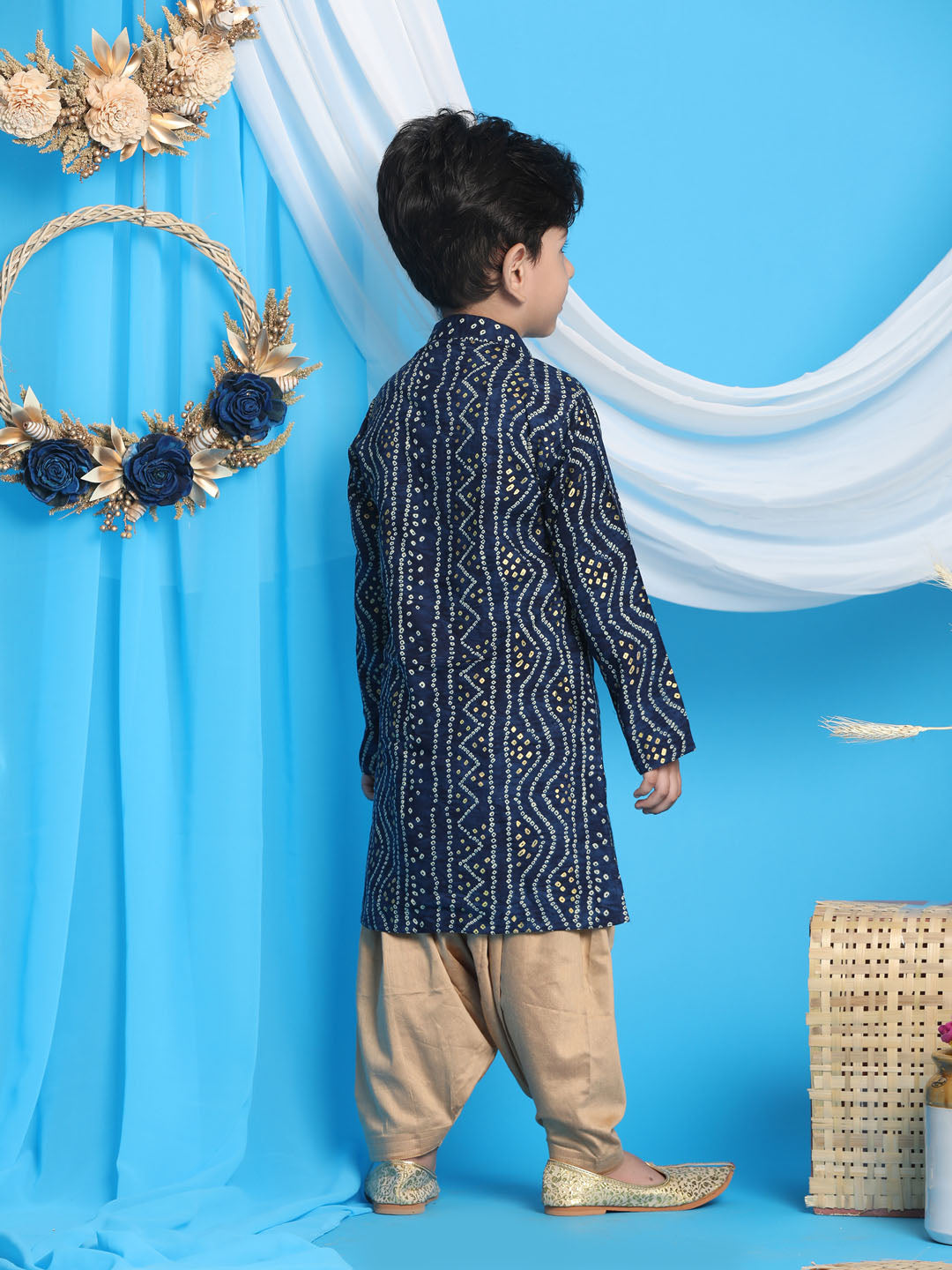 Vastramay boys blue color bandhni print kurta and rose gold patiyala set